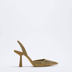 Pointy Toe Rhinestone Embellished Slingback Heels