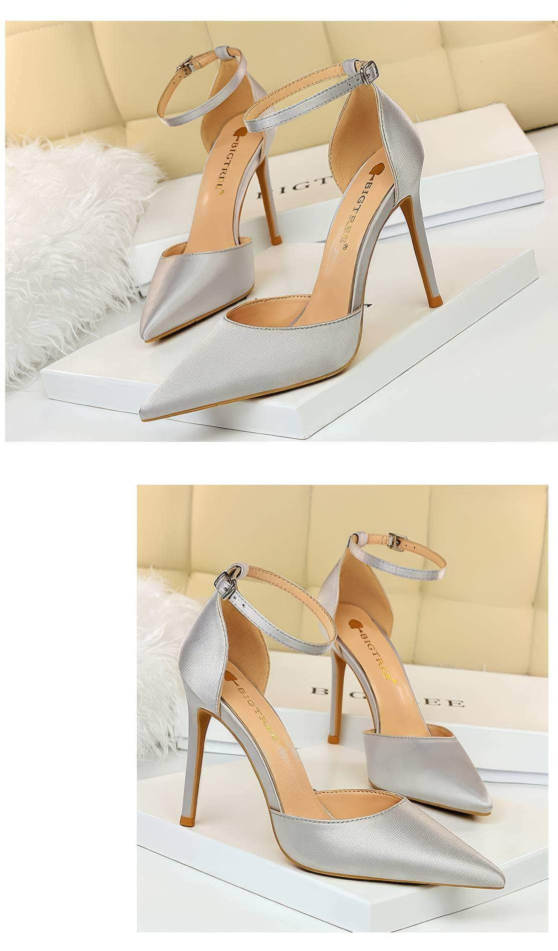 Pointy Toes Ankle Strap Satin Stilettos