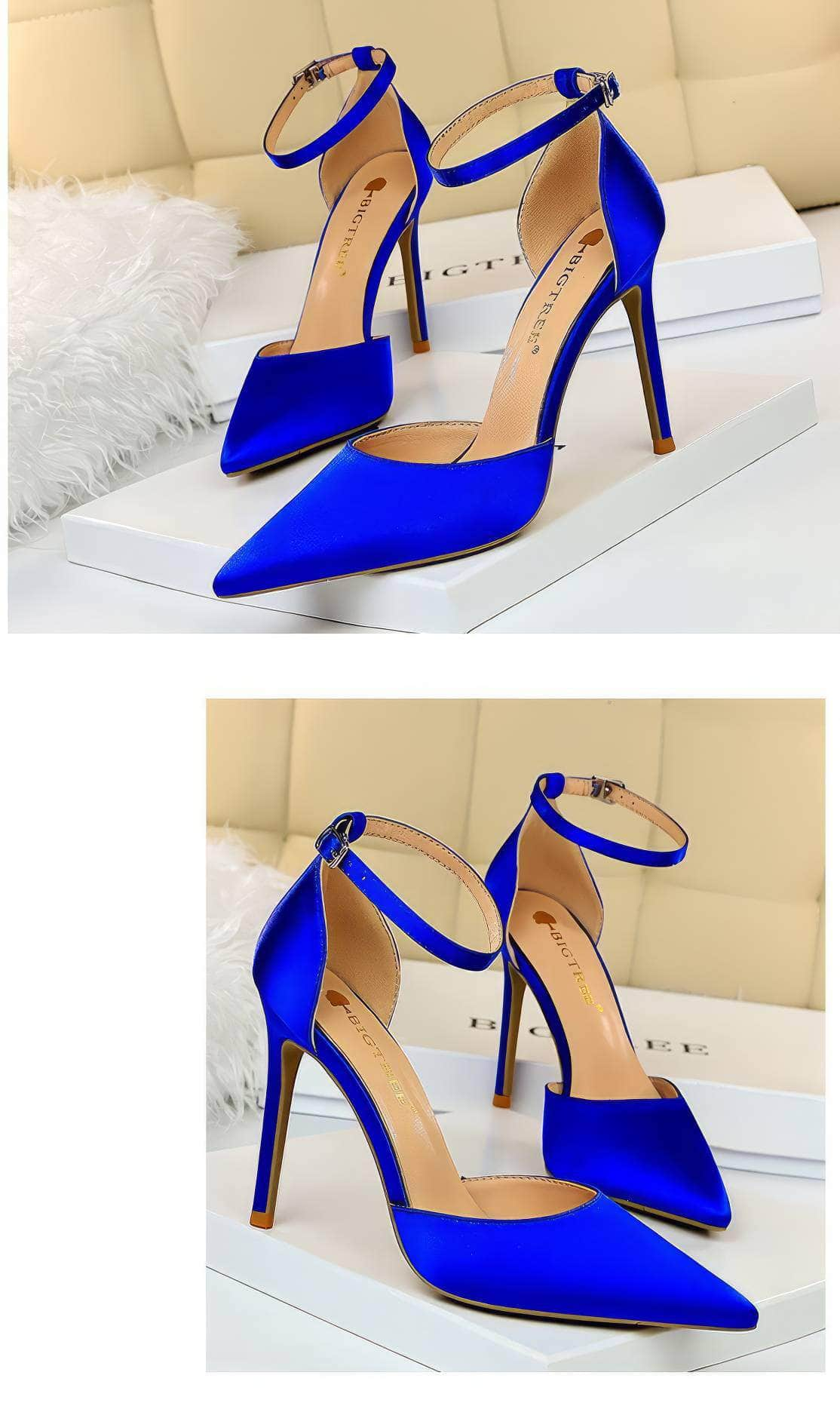 Pointy Toes Ankle Strap Satin Stilettos