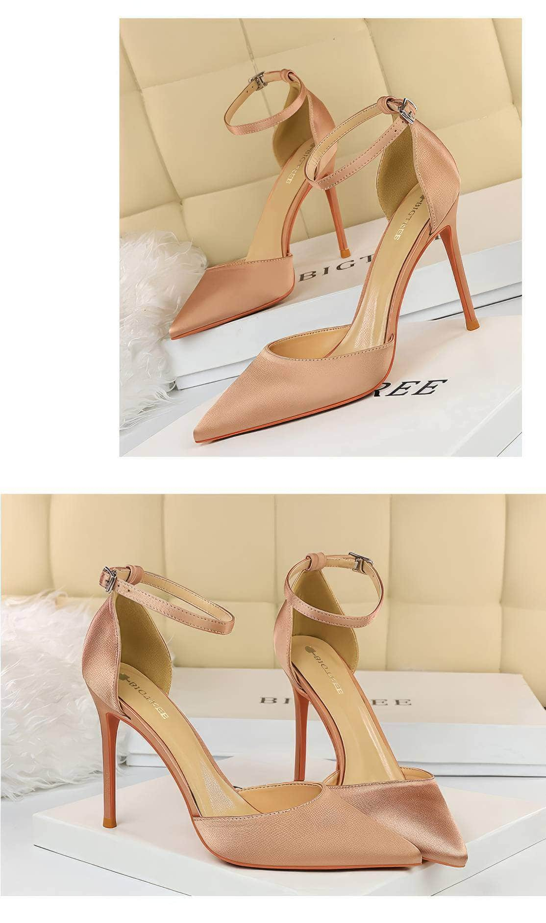 Pointy Toes Ankle Strap Satin Stilettos