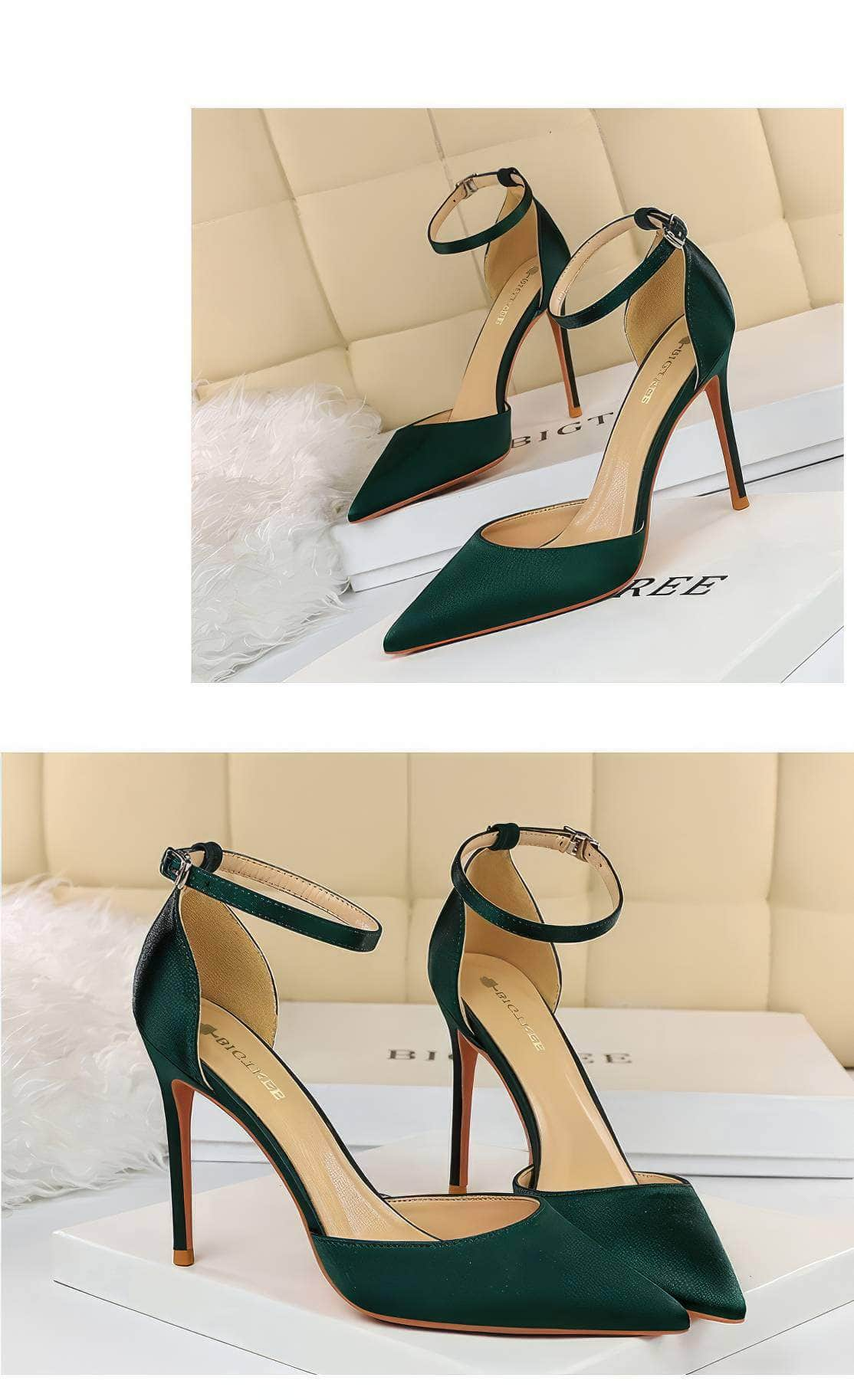 Pointy Toes Ankle Strap Satin Stilettos