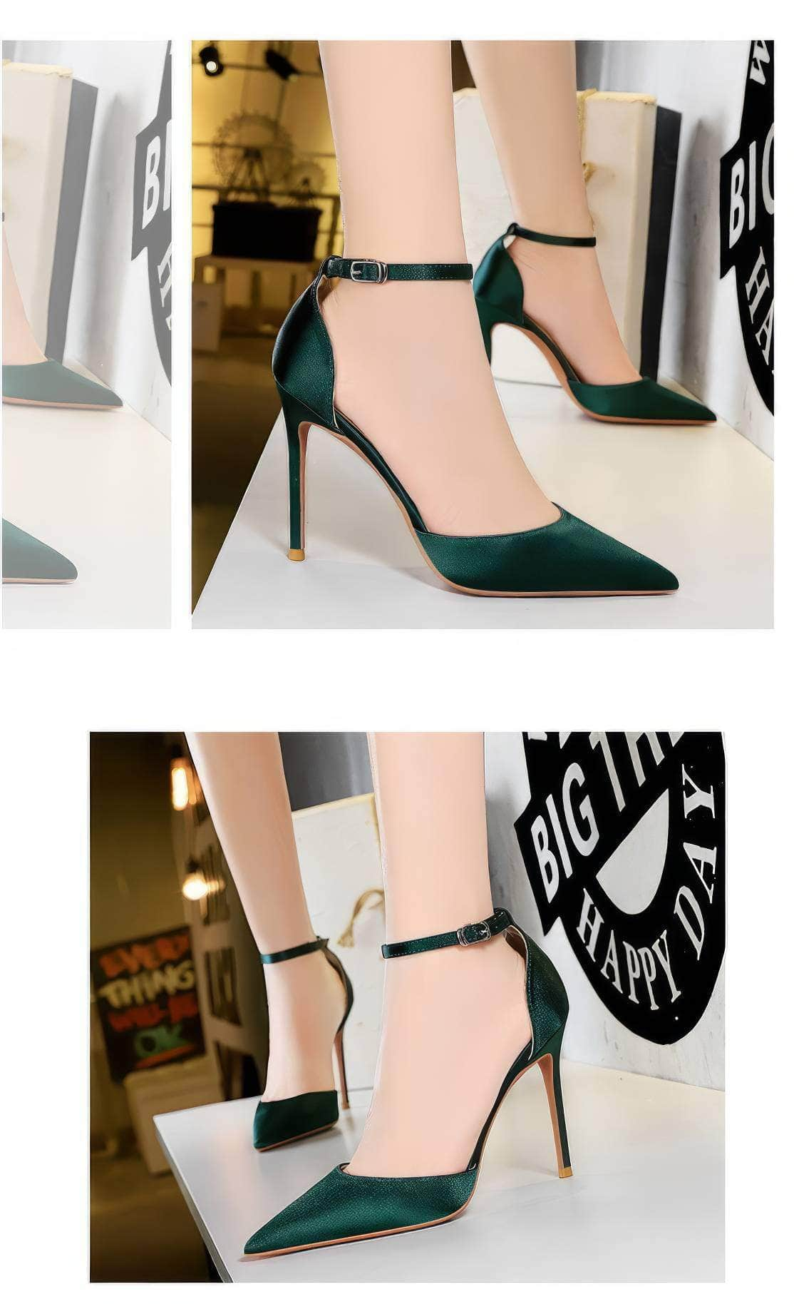 Pointy Toes Ankle Strap Satin Stilettos