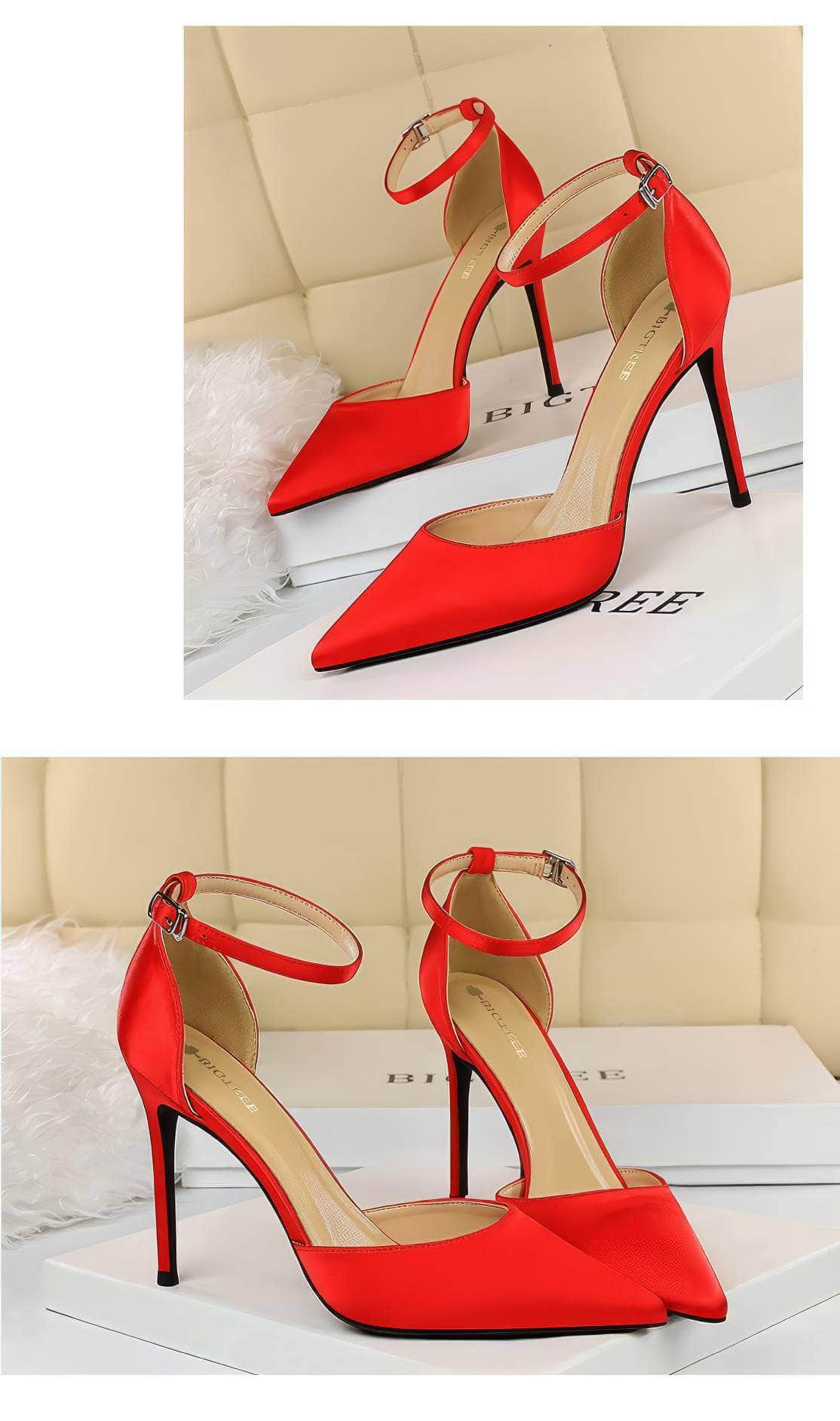 Pointy Toes Ankle Strap Satin Stilettos