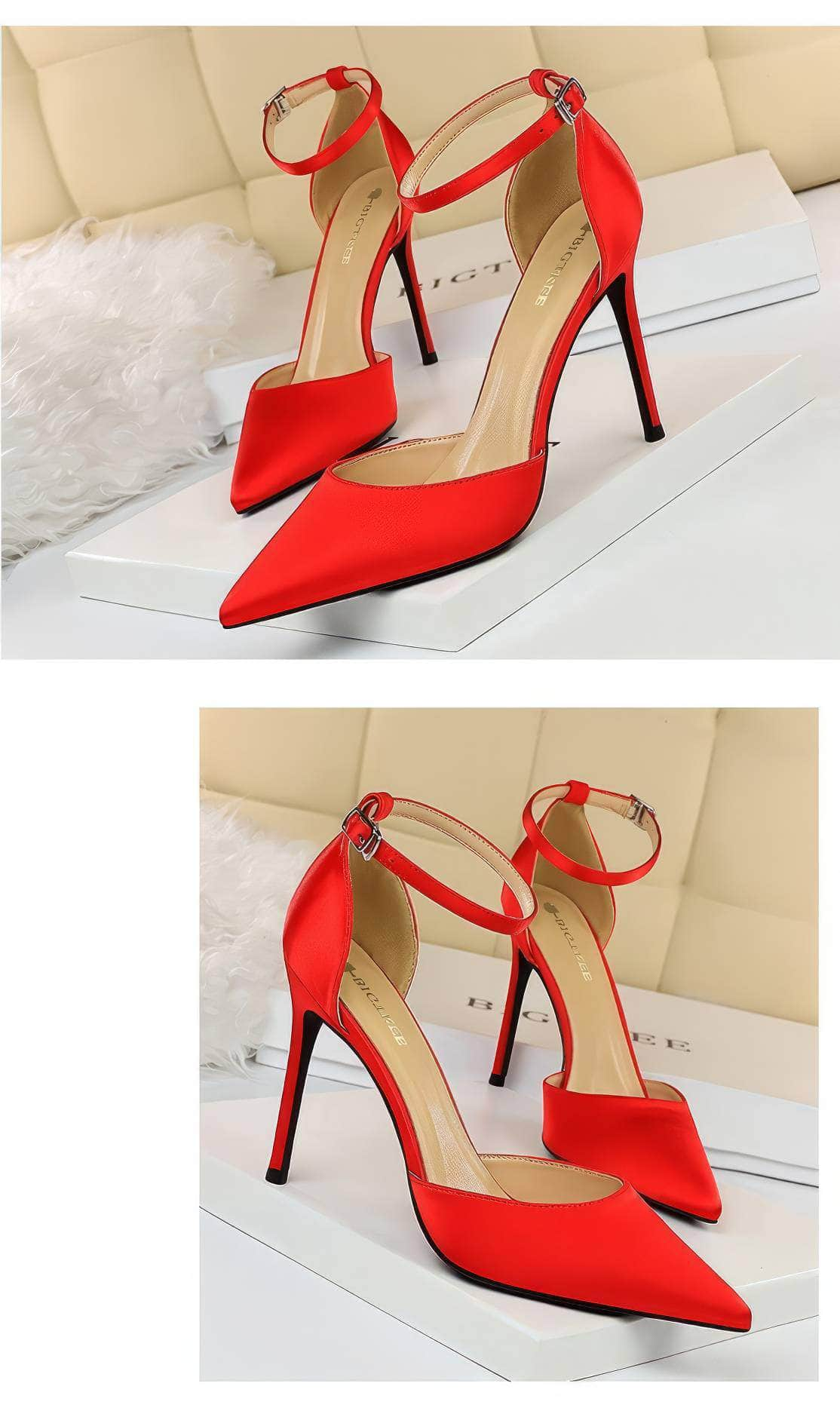 Pointy Toes Ankle Strap Satin Stilettos