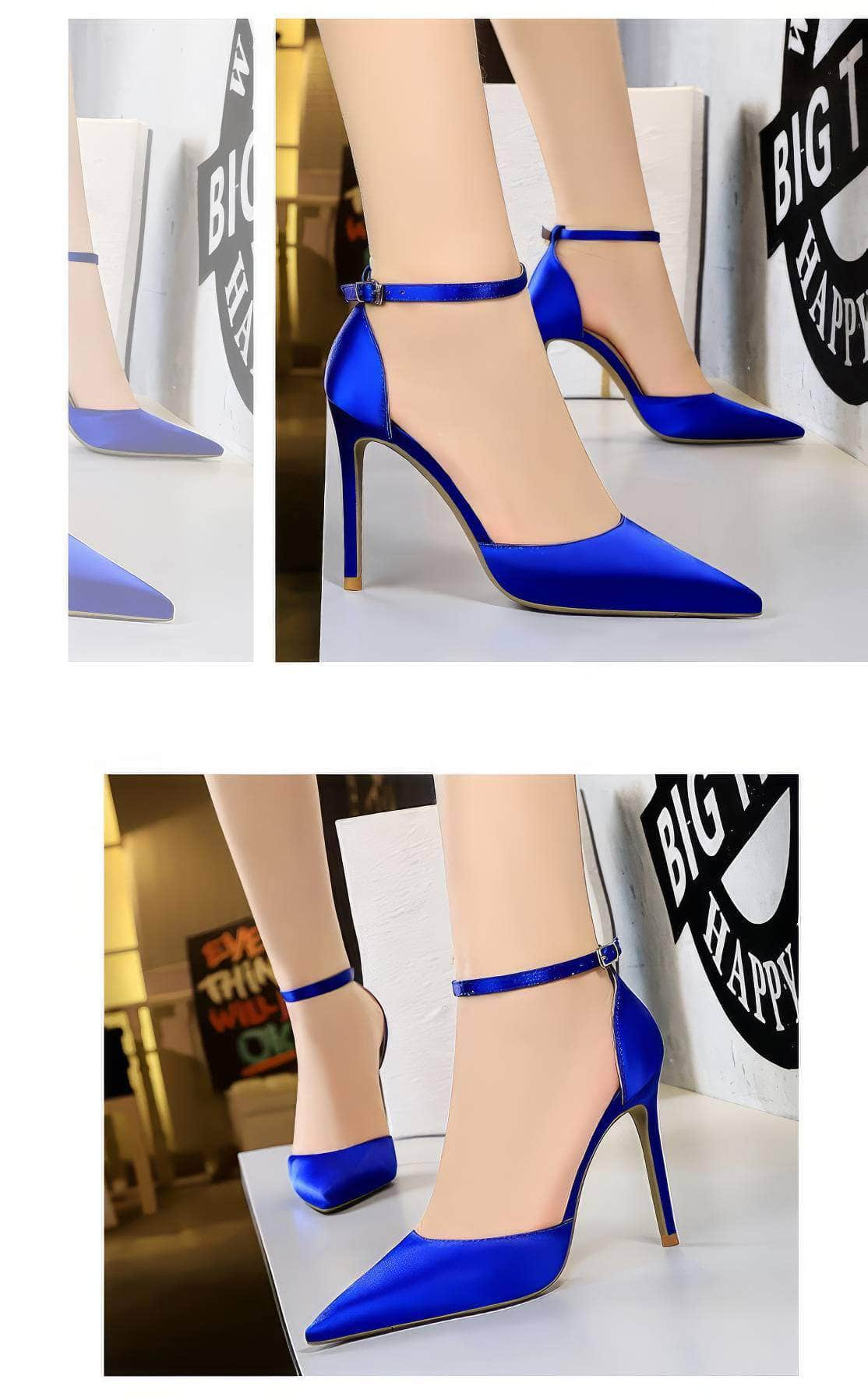 Pointy Toes Ankle Strap Satin Stilettos