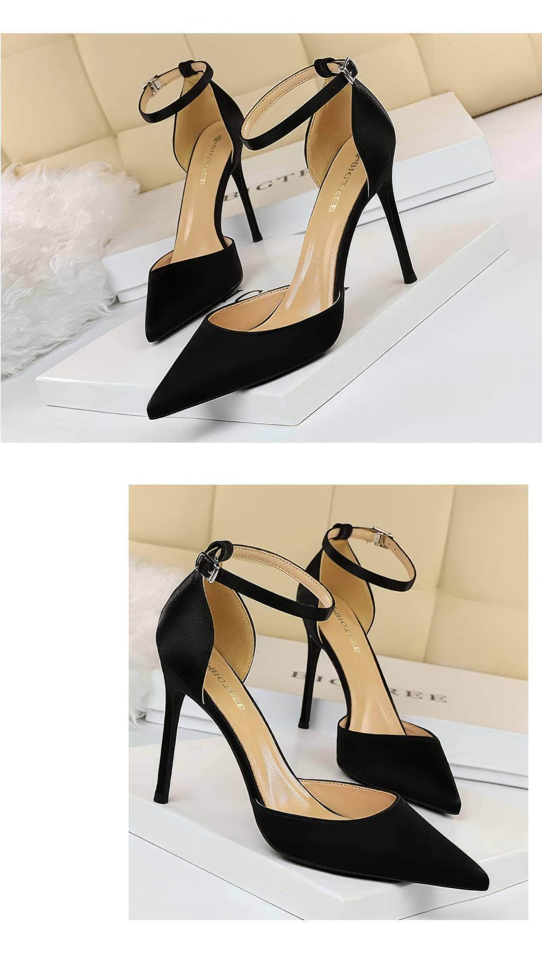 Pointy Toes Ankle Strap Satin Stilettos