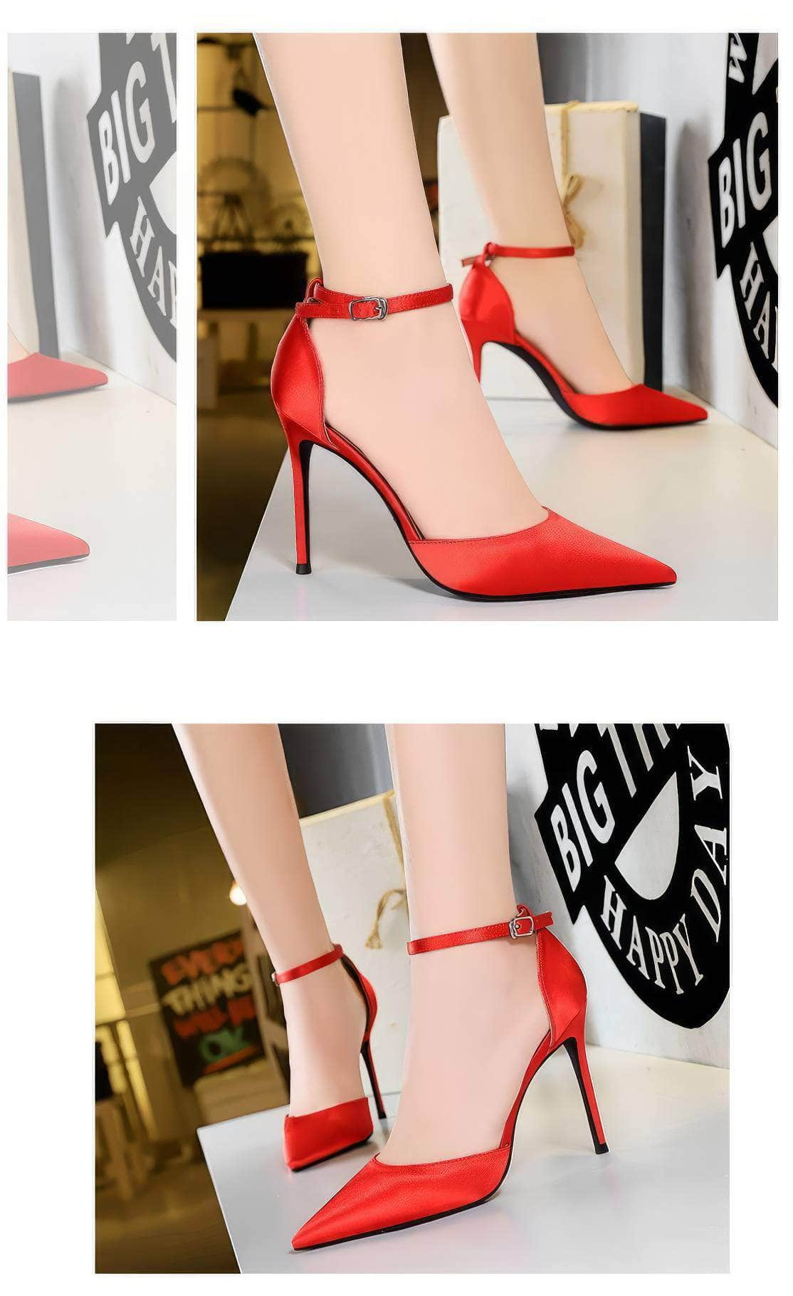 Pointy Toes Ankle Strap Satin Stilettos