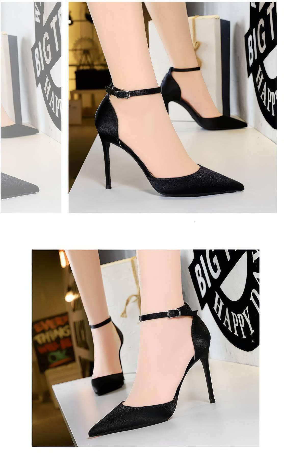 Pointy Toes Ankle Strap Satin Stilettos