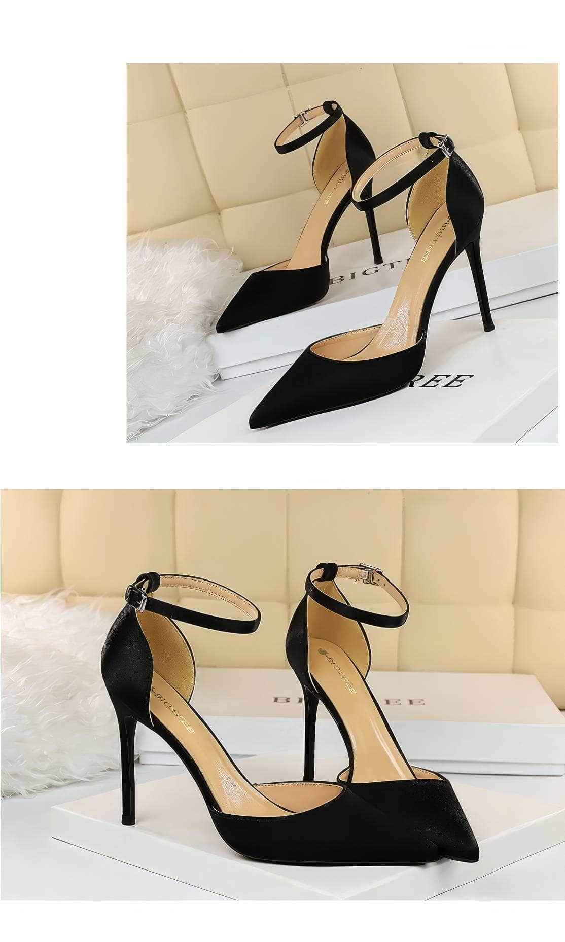 Pointy Toes Ankle Strap Satin Stilettos