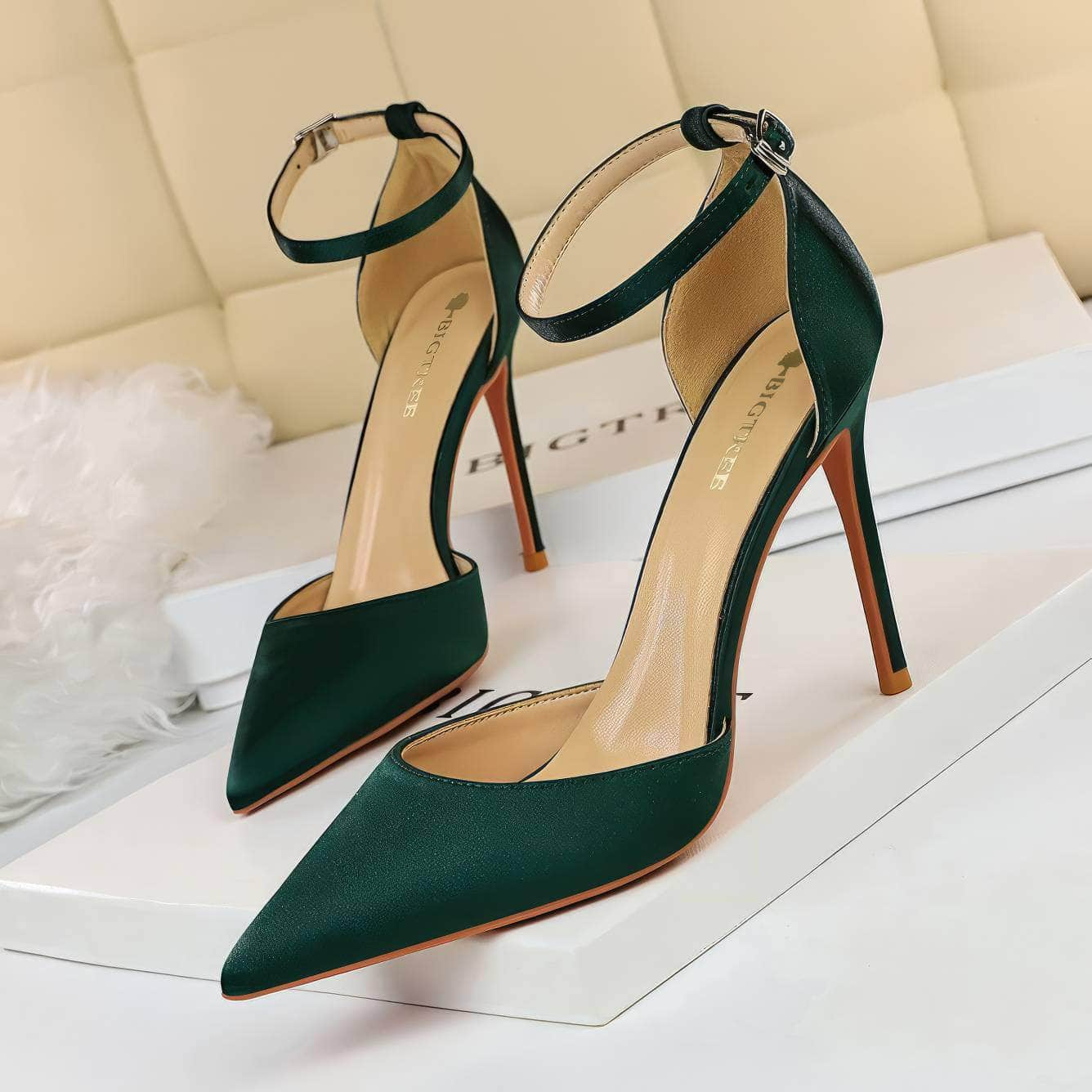 Pointy Toes Ankle Strap Satin Stilettos