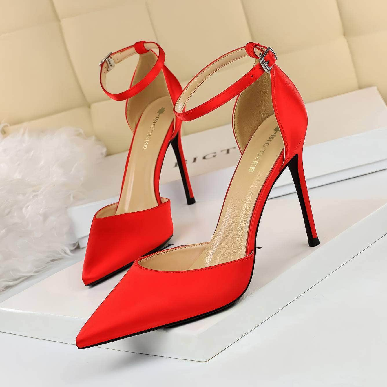 Pointy Toes Ankle Strap Satin Stilettos