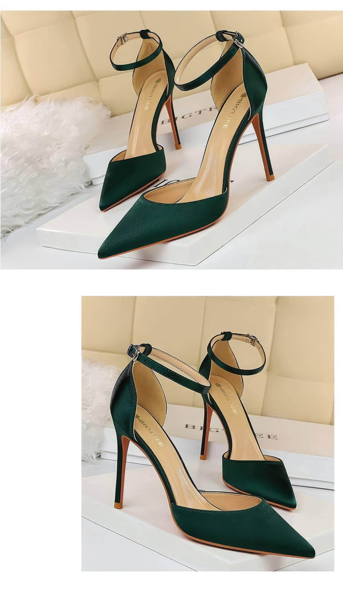 Pointy Toes Ankle Strap Satin Stilettos