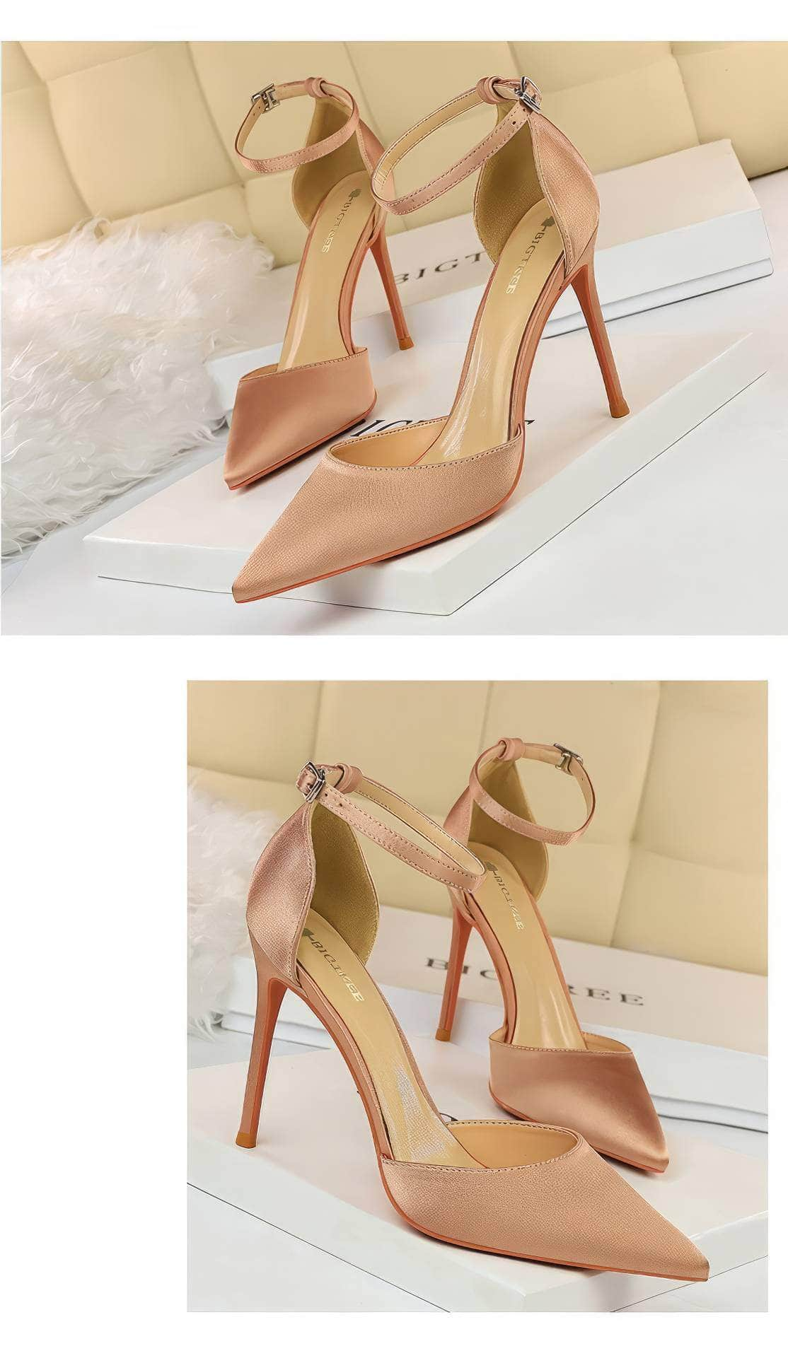 Pointy Toes Ankle Strap Satin Stilettos