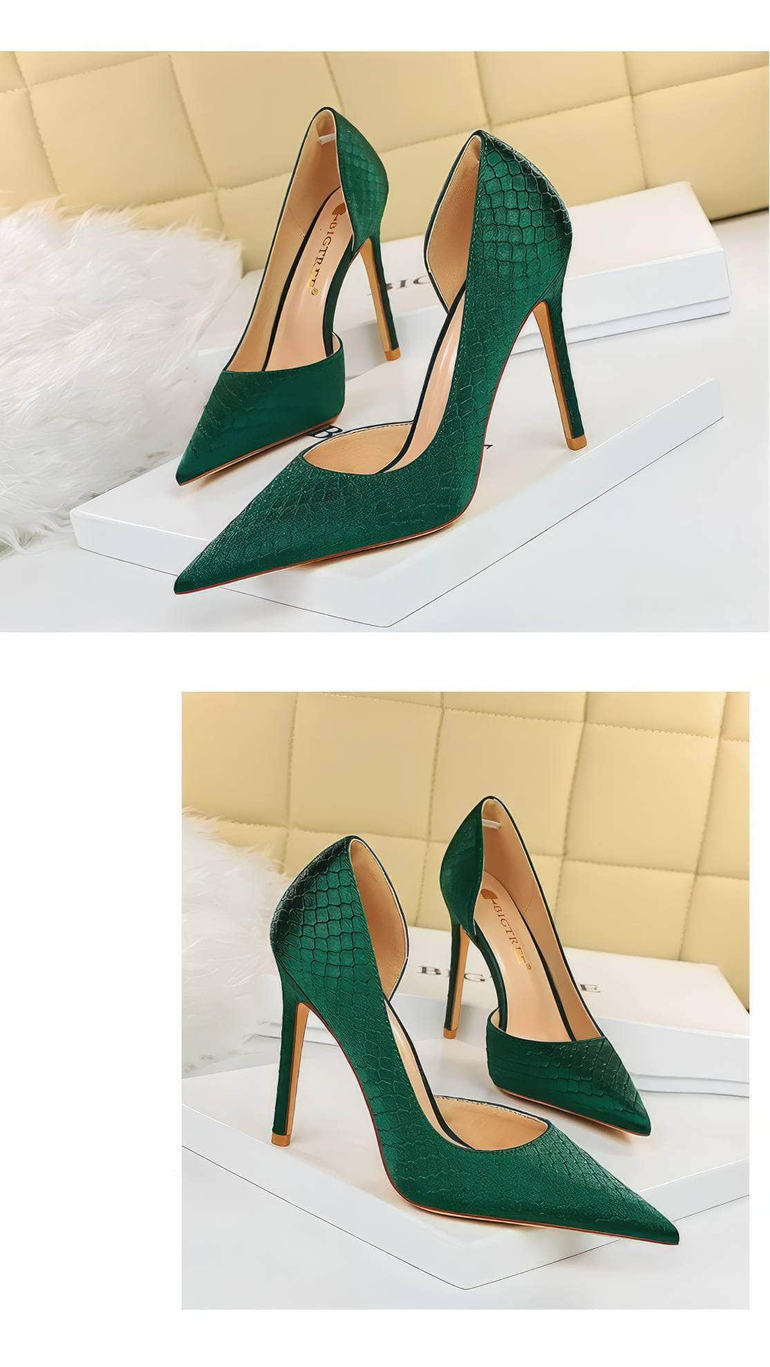 Pointy Toes Serpentine Satin Croc Pumps