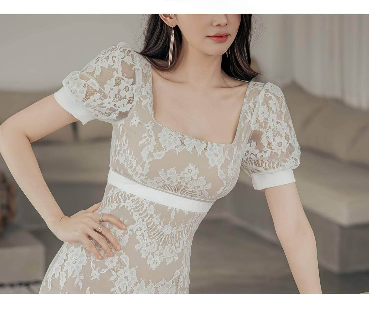 Puff Sleeve Square Neck Lace Trimmed Dress