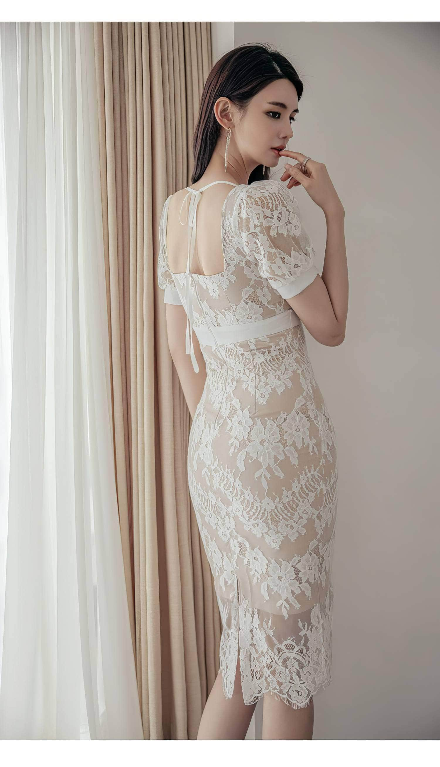 Puff Sleeve Square Neck Lace Trimmed Dress