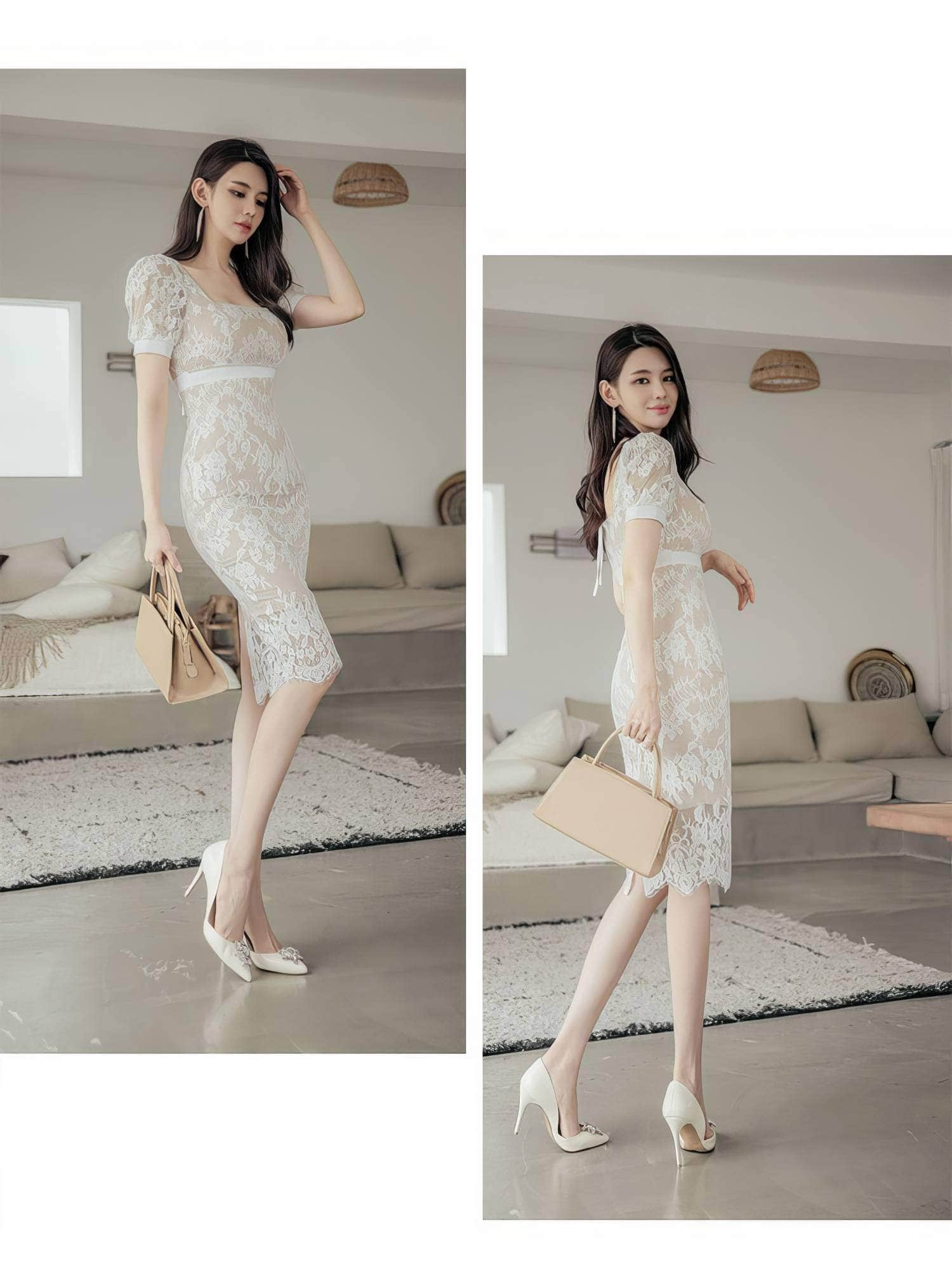 Puff Sleeve Square Neck Lace Trimmed Dress