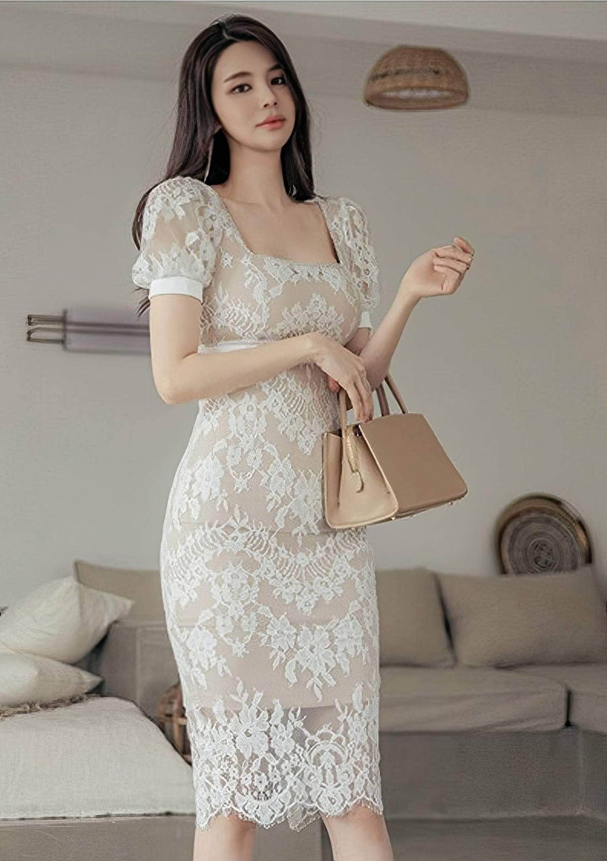 Puff Sleeve Square Neck Lace Trimmed Dress