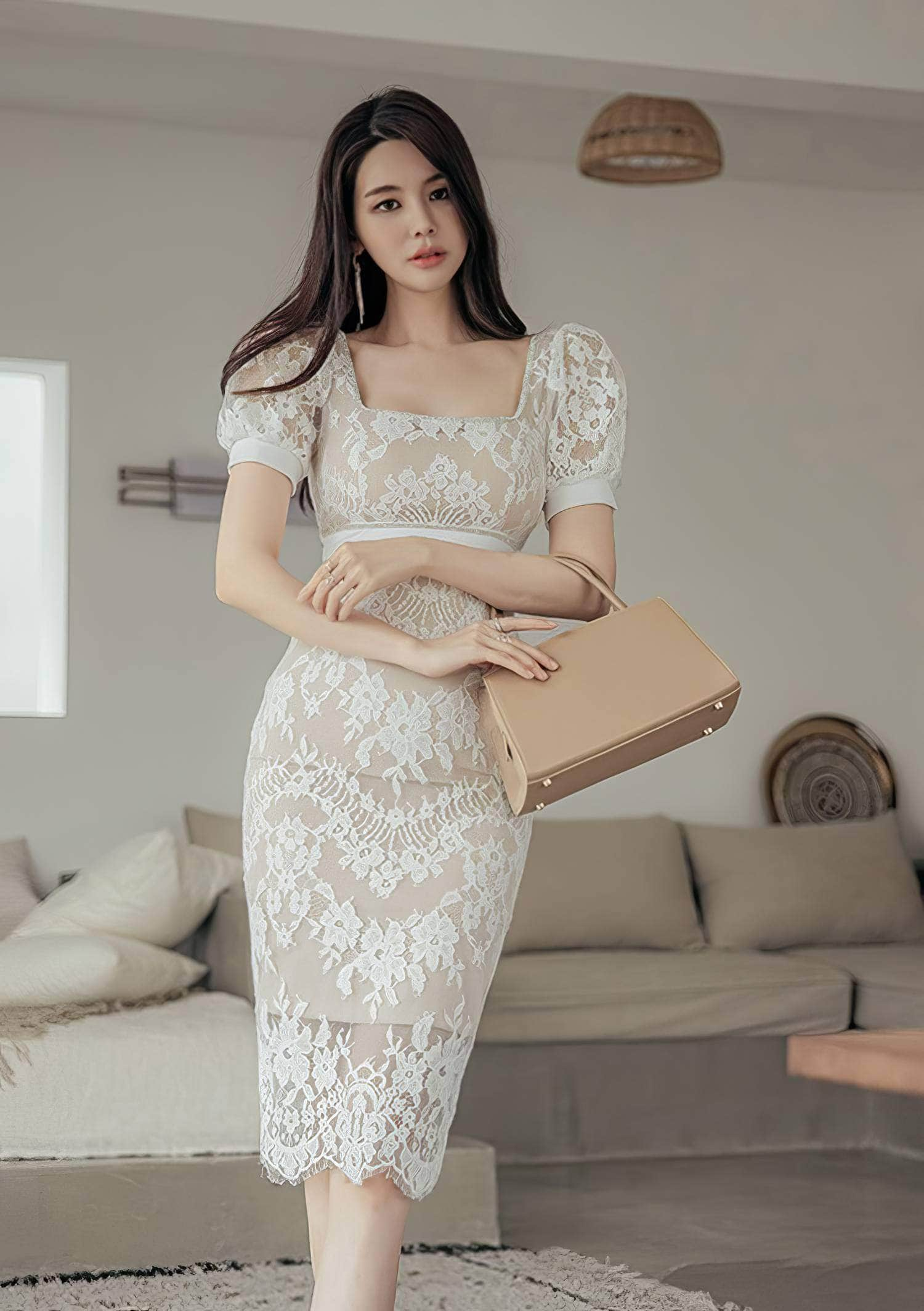 Puff Sleeve Square Neck Lace Trimmed Dress