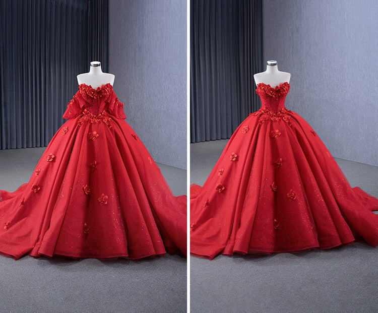 Red Organza Ball Gown Strapless Appliques Lace Up Princess Dress V7W0J