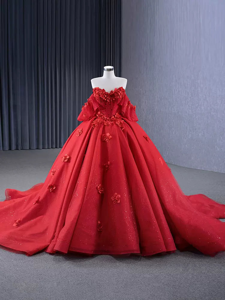 Red Organza Ball Gown Strapless Appliques Lace Up Princess Dress V7W0J