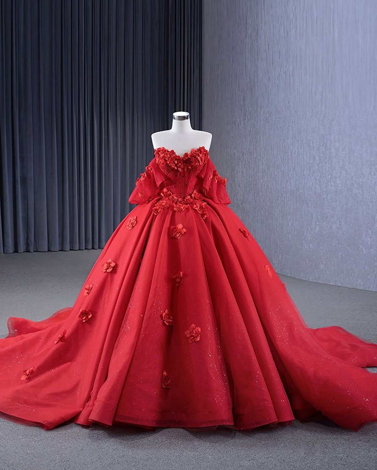 Red Organza Ball Gown Strapless Appliques Lace Up Princess Dress V7W0J