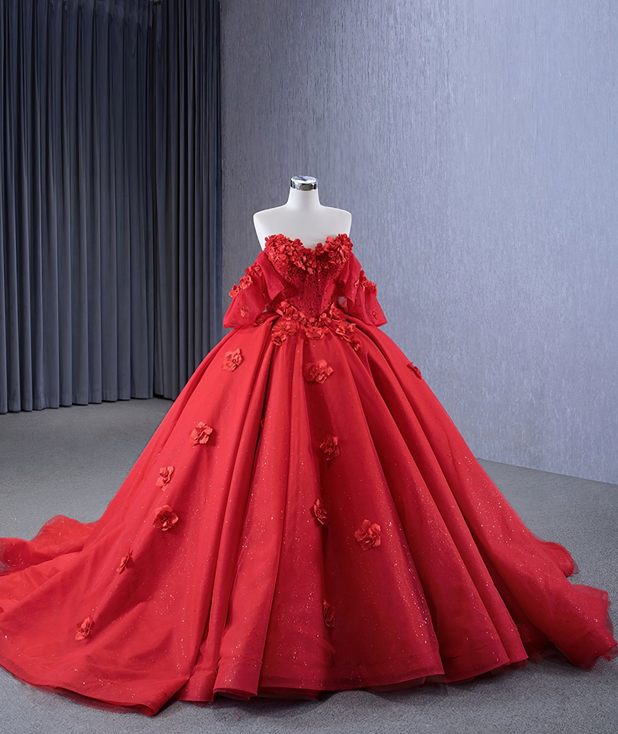 Red Organza Ball Gown Strapless Appliques Lace Up Princess Dress V7W0J