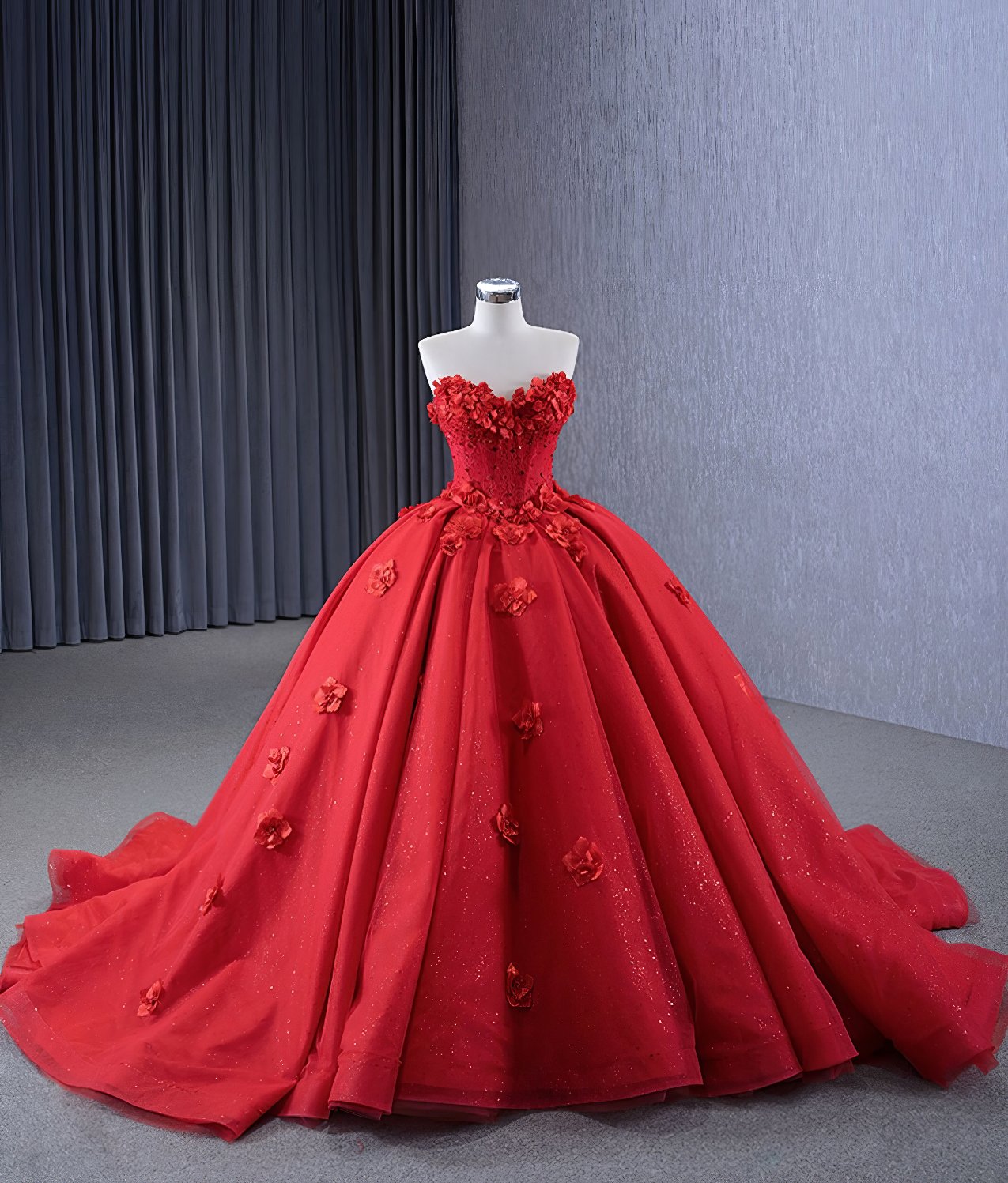 Red Organza Ball Gown Strapless Appliques Lace Up Princess Dress V7W0J