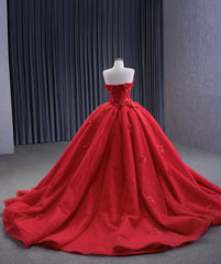 Red Organza Ball Gown Strapless Appliques Lace Up Princess Dress V7W0J