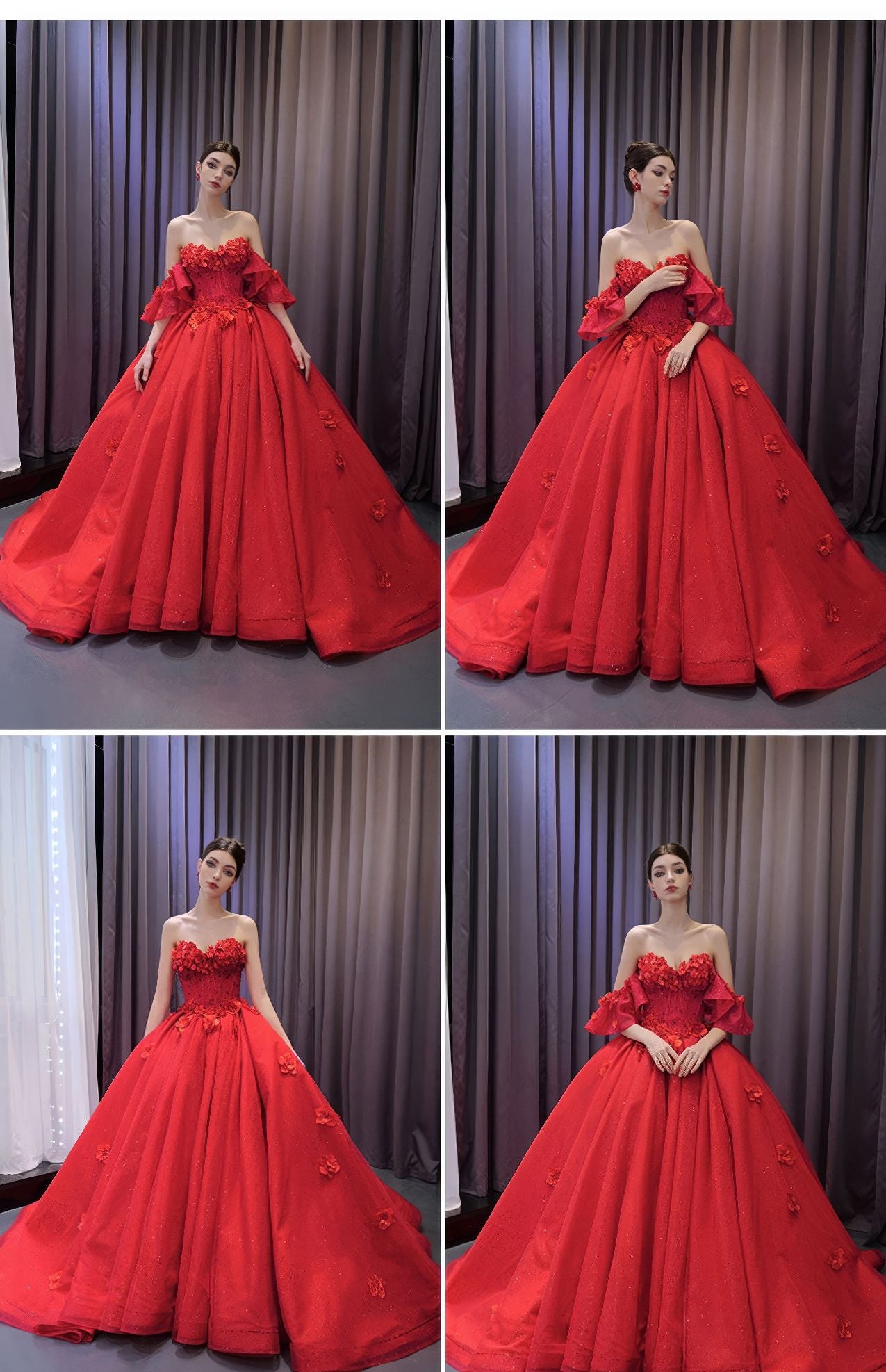 Red Organza Ball Gown Strapless Appliques Lace Up Princess Dress V7W0J