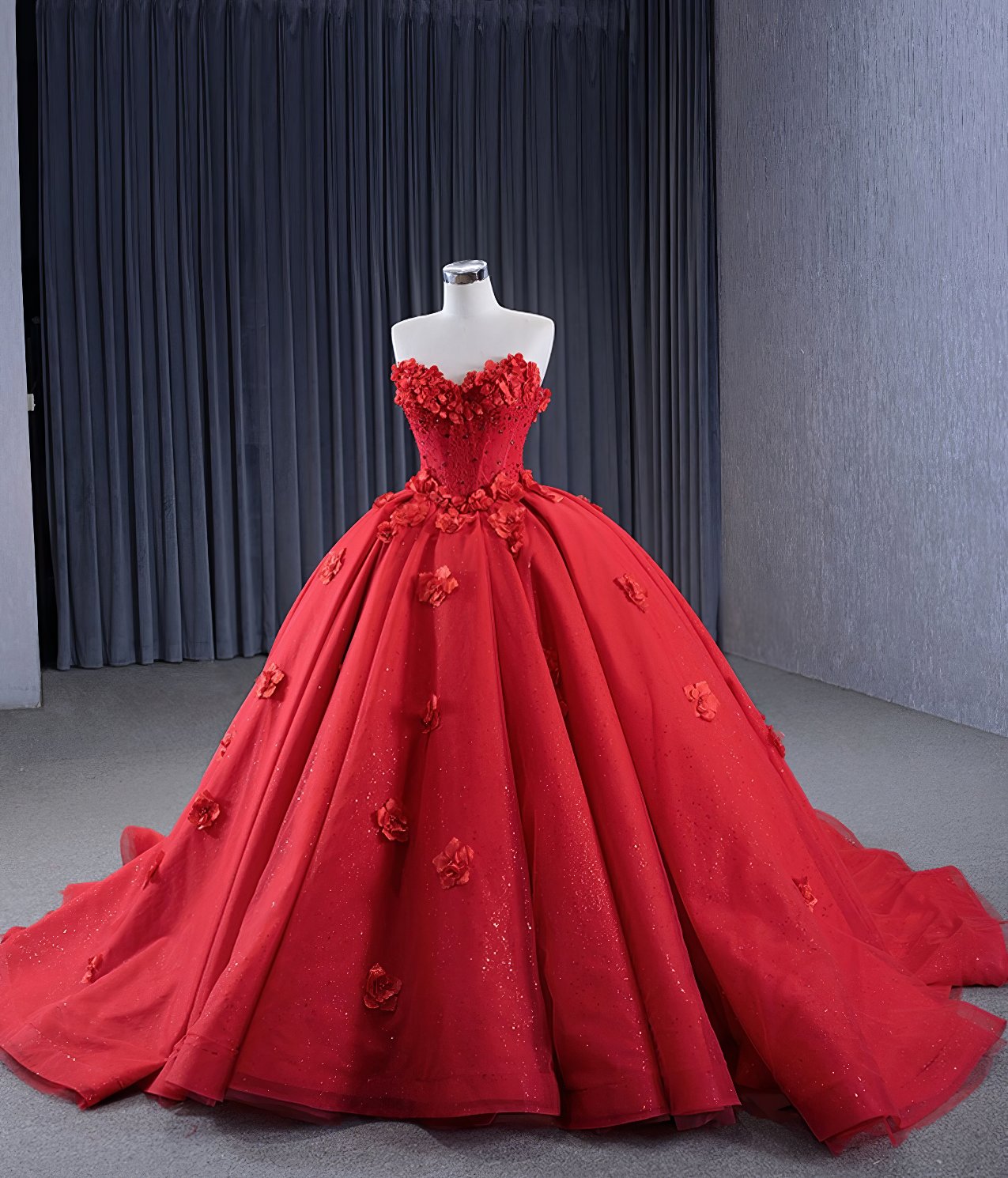 Red Organza Ball Gown Strapless Appliques Lace Up Princess Dress V7W0J