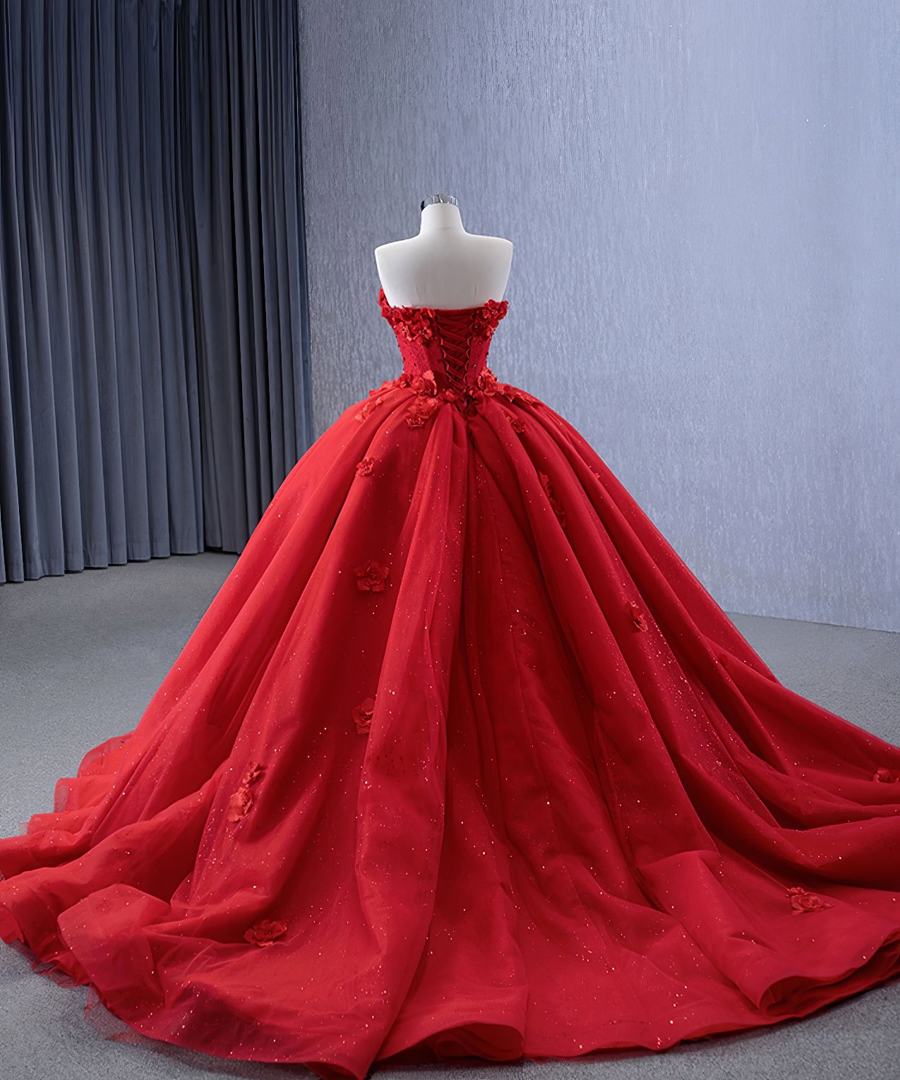 Red Organza Ball Gown Strapless Appliques Lace Up Princess Dress V7W0J