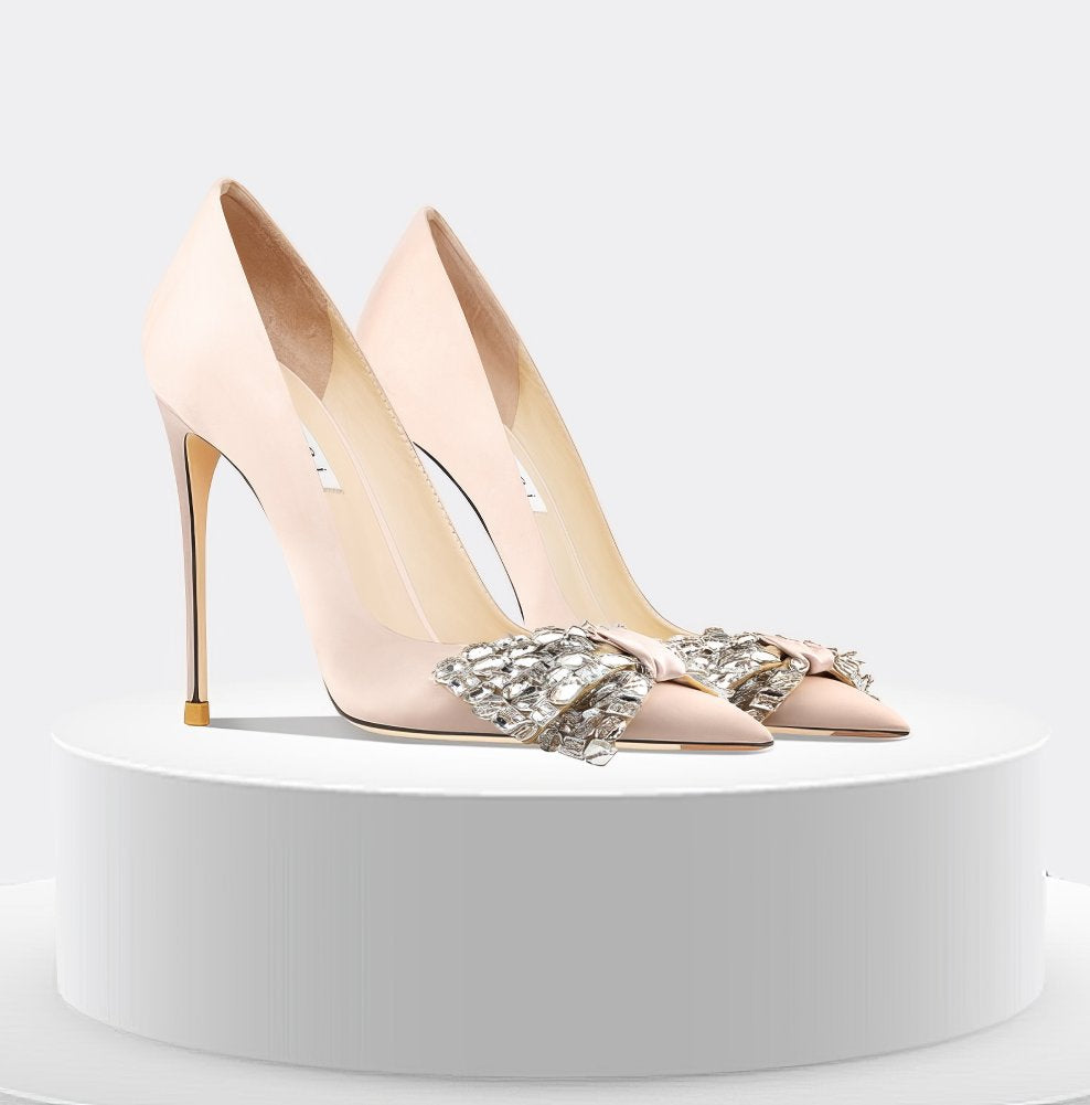 Rhinestone Bowknot Embellished Satin Pumps