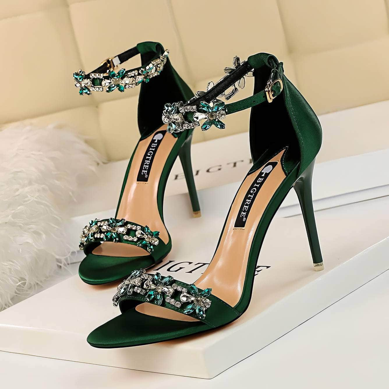 Rhinestone Embellished Ankle Strap Sandal Stilettos