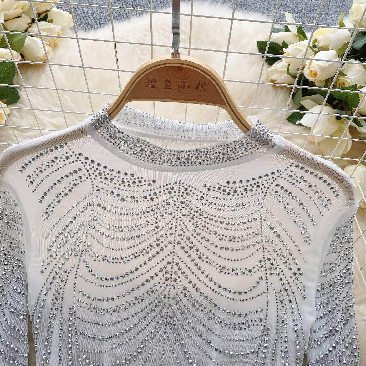 Rhinestone Embellished Long Sleeve Mesh Top