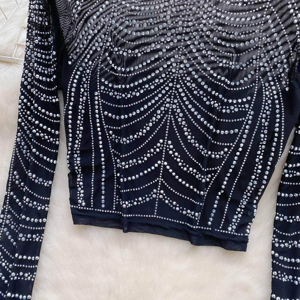 Rhinestone Embellished Long Sleeve Mesh Top