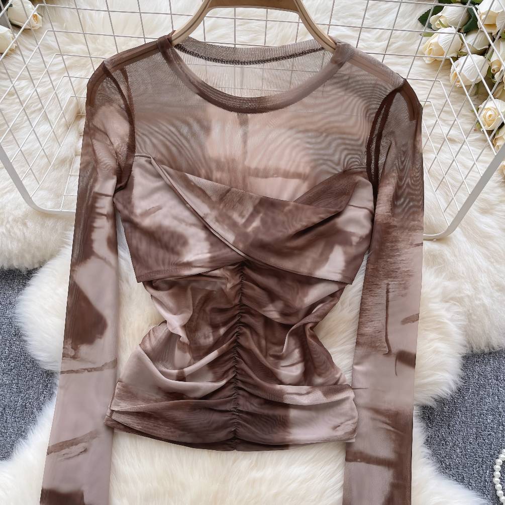 Round Neck Mesh Long Sleeves Ruched Blouse