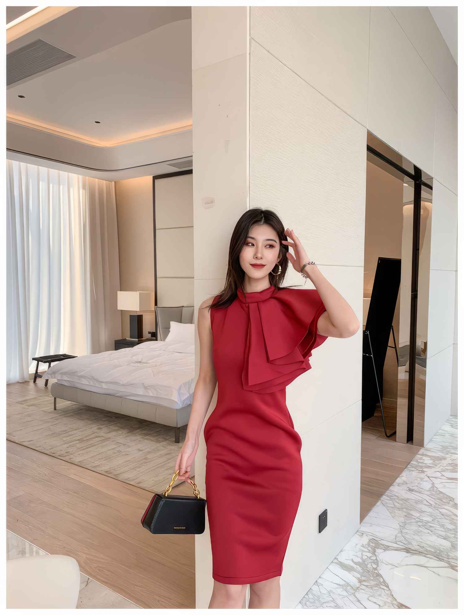 Ruffle Trimmed Shoulder Slit Hem Dress