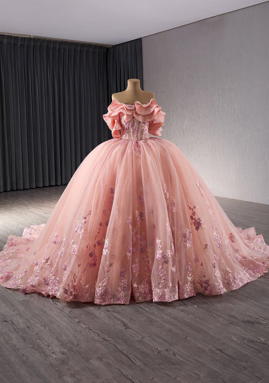 Ruffled Layered Offshoulder Pink Floral Quinceañera Ball Dress - M9N0O