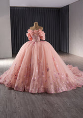 Ruffled Layered Offshoulder Pink Floral Quinceañera Ball Dress - M9N0O