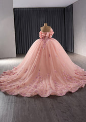 Ruffled Layered Offshoulder Pink Floral Quinceañera Ball Dress - M9N0O