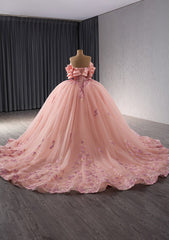 Ruffled Layered Offshoulder Pink Floral Quinceañera Ball Dress - M9N0O