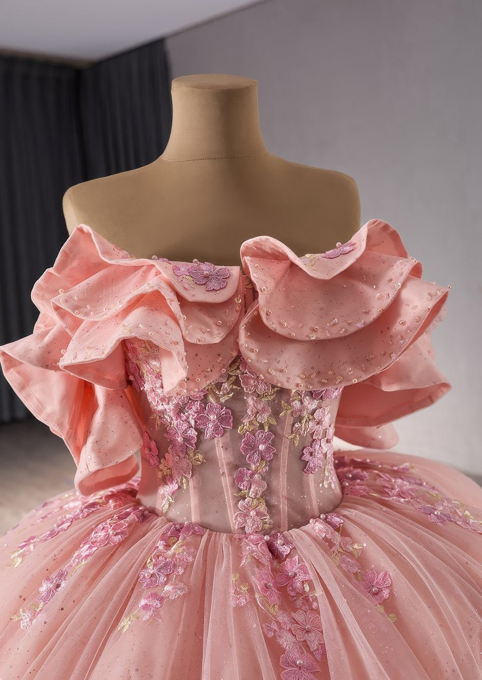 Ruffled Layered Offshoulder Pink Floral Quinceañera Ball Dress - M9N0O