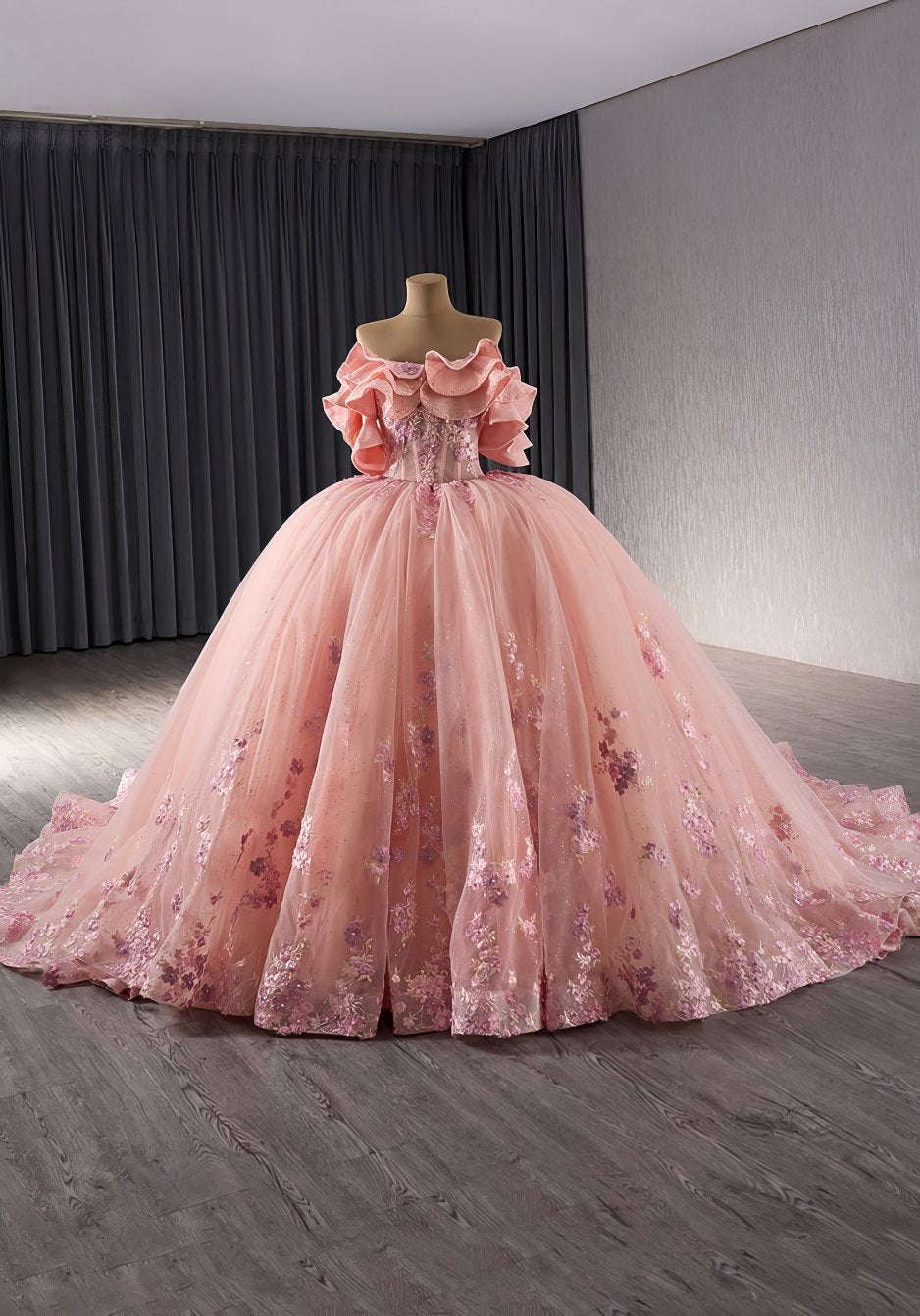 Ruffled Layered Offshoulder Pink Floral Quinceañera Ball Dress - M9N0O