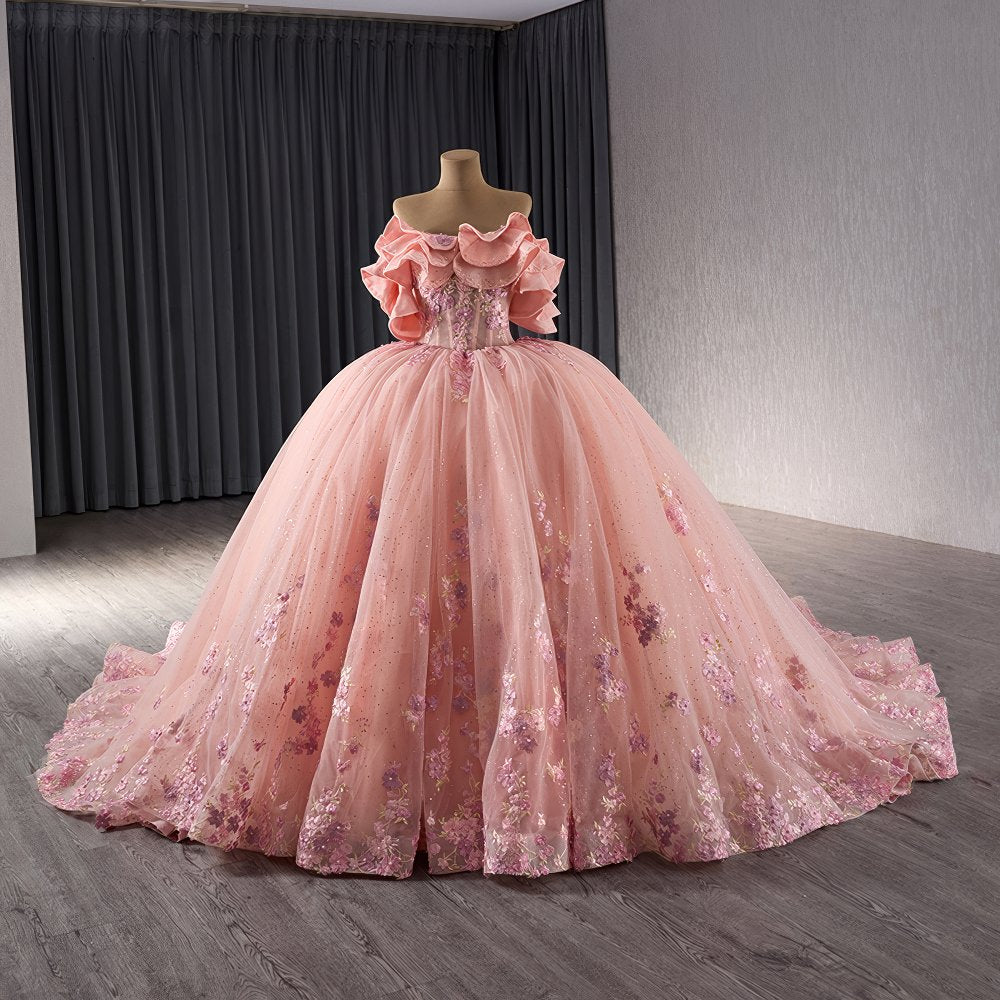 Ruffled Layered Offshoulder Pink Floral Quinceañera Ball Dress - M9N0O