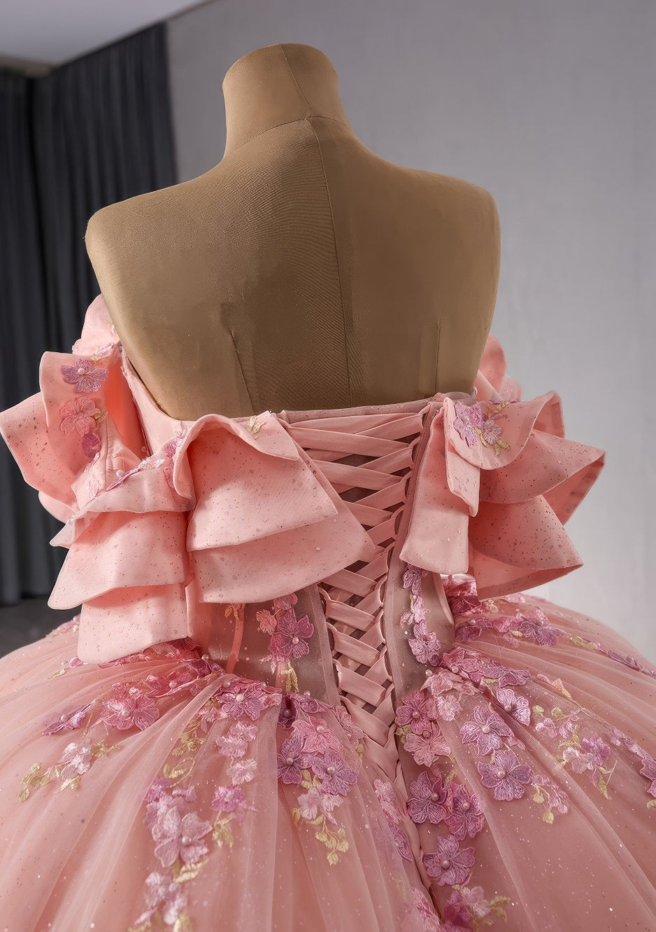 Ruffled Layered Offshoulder Pink Floral Quinceañera Ball Dress - M9N0O