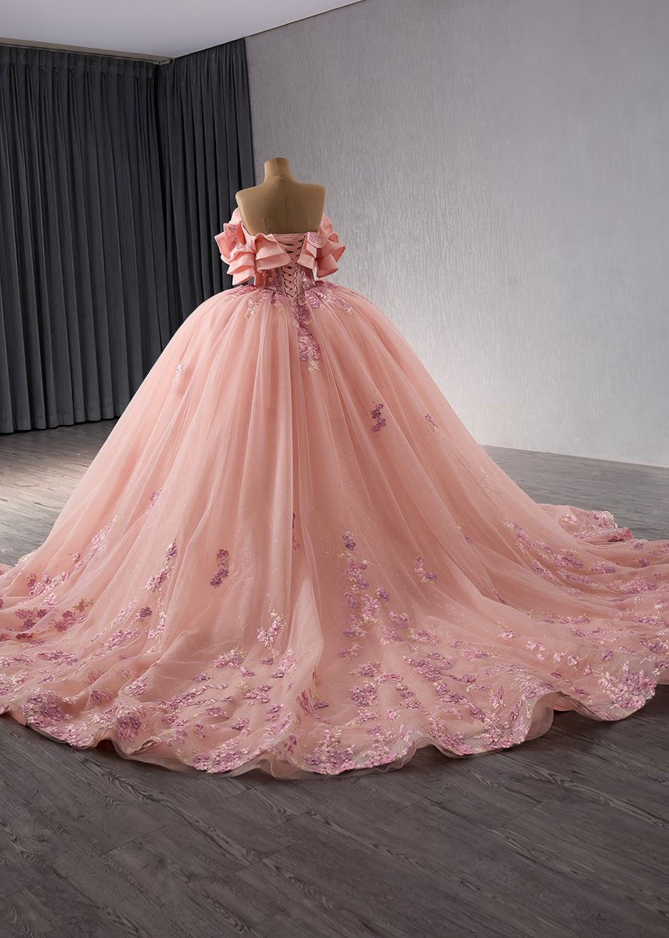 Ruffled Layered Offshoulder Pink Floral Quinceañera Ball Dress - M9N0O