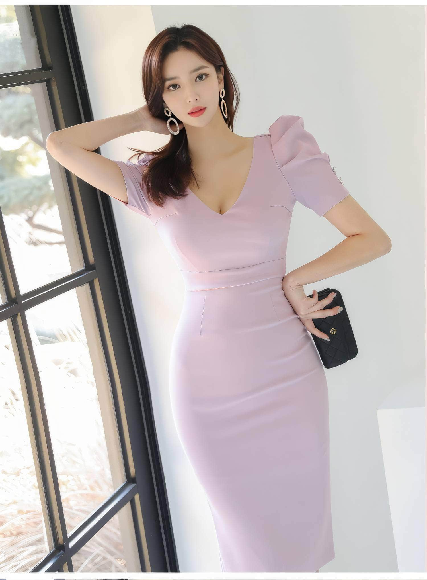 Ruffled Puff Sleeves Deep V-Neck Slim Fit Dress