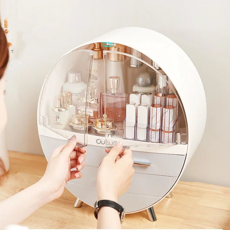 Portable makeup organizer with brush holder, waterproof, dust-free cover and drawers