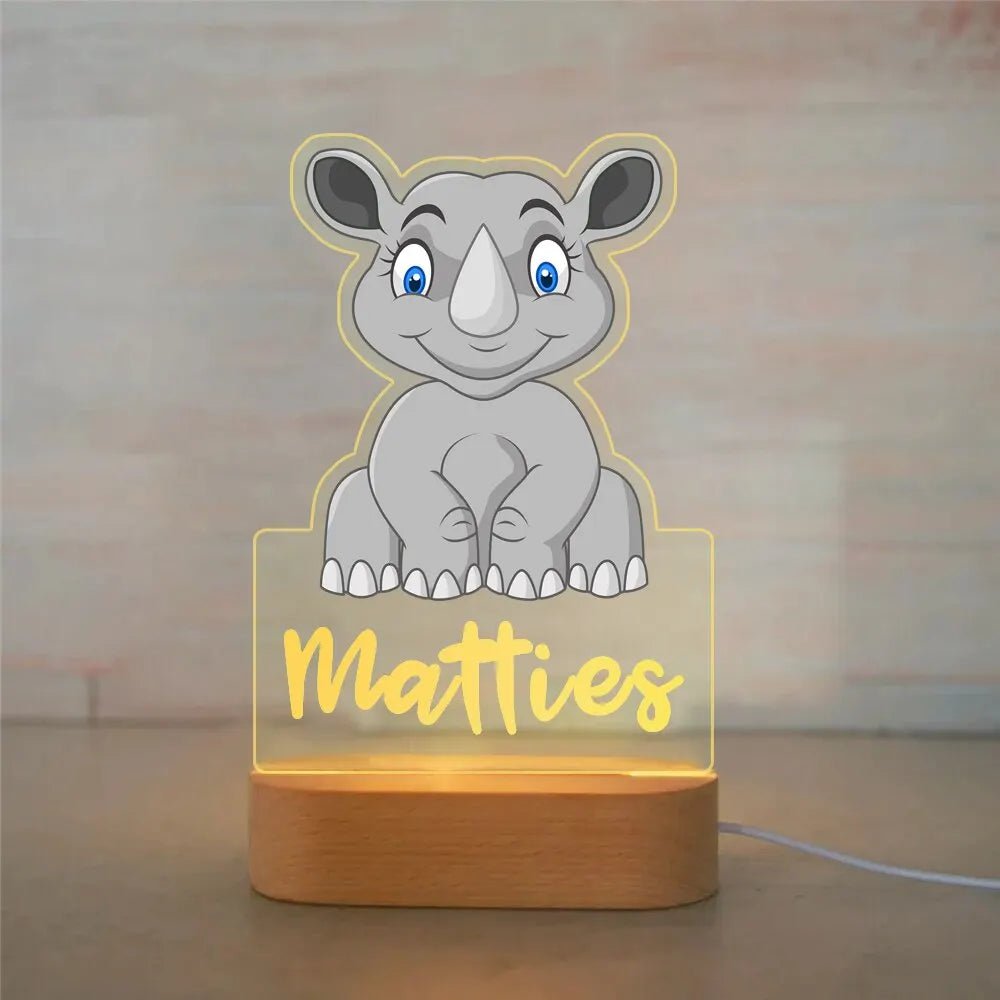 Customized Animal-themed Night Light for Kids - Personalized with Child's Name, Acrylic Lamp for Bedroom Decor Warm Light / 31 Rhino